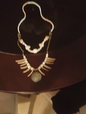 Hand Crafted White Bone ,Ivory Elephant Beaded  Necklace with Bronze Accents